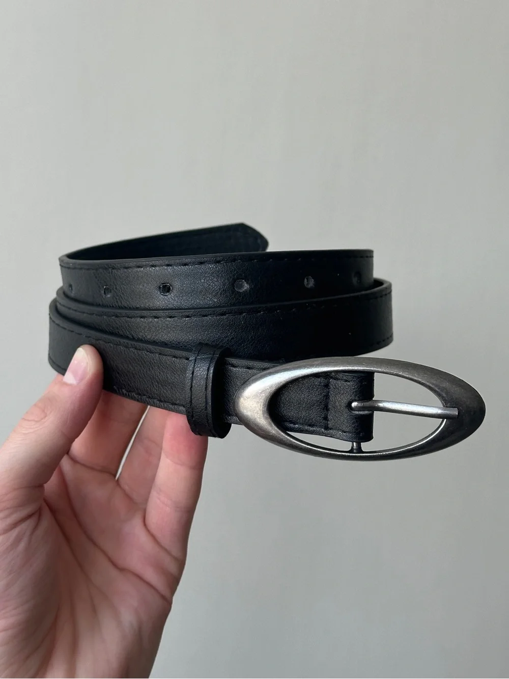 Classic Black Leather Belt with Oval Silver Buckle